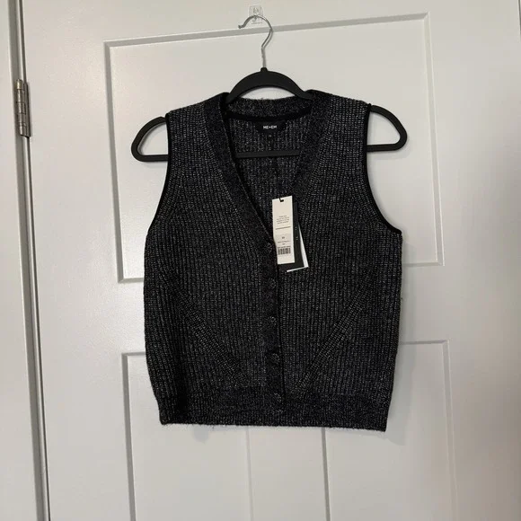 Me + Em Metallic Fancy Button Vest NEW Women's Size XS Black Silver $296 Wool - Picture 2 of 6